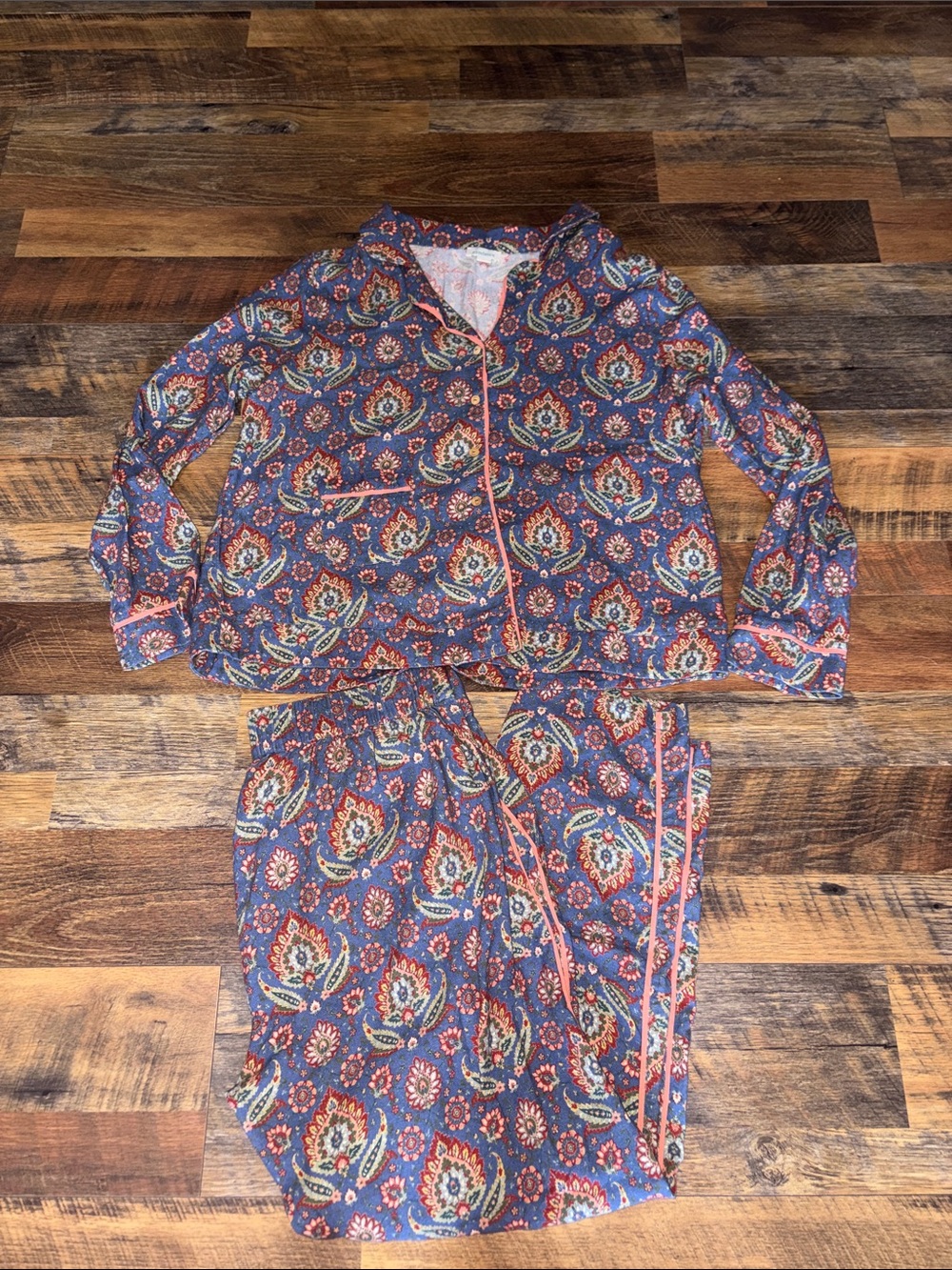 Sundance Catalog Blue Paisley Floral Pajama Set with Pink Trim